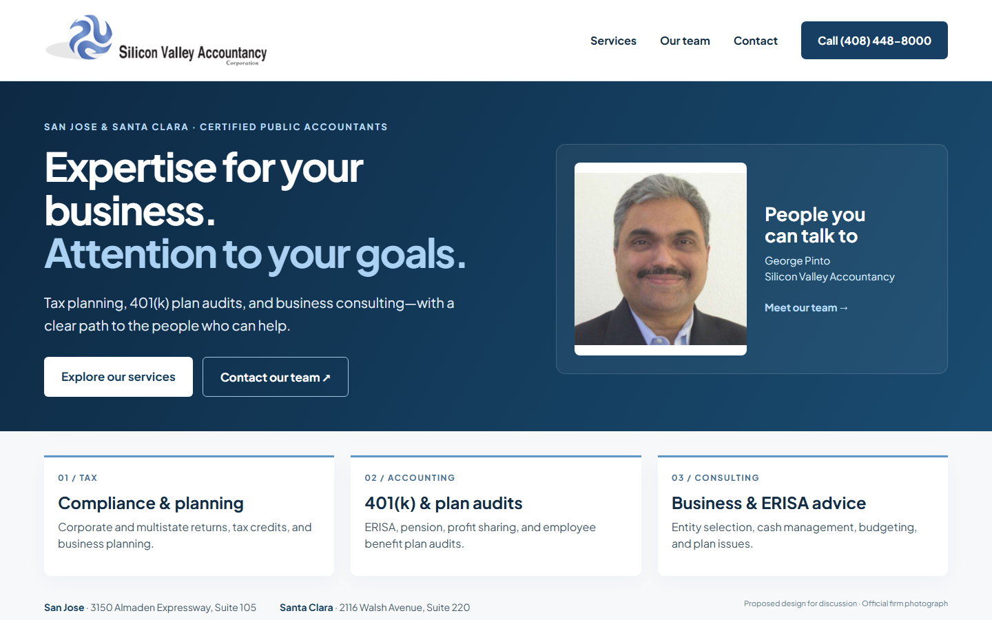 Proposed Silicon Valley Accountancy homepage, using the official logo and George Pinto photograph
